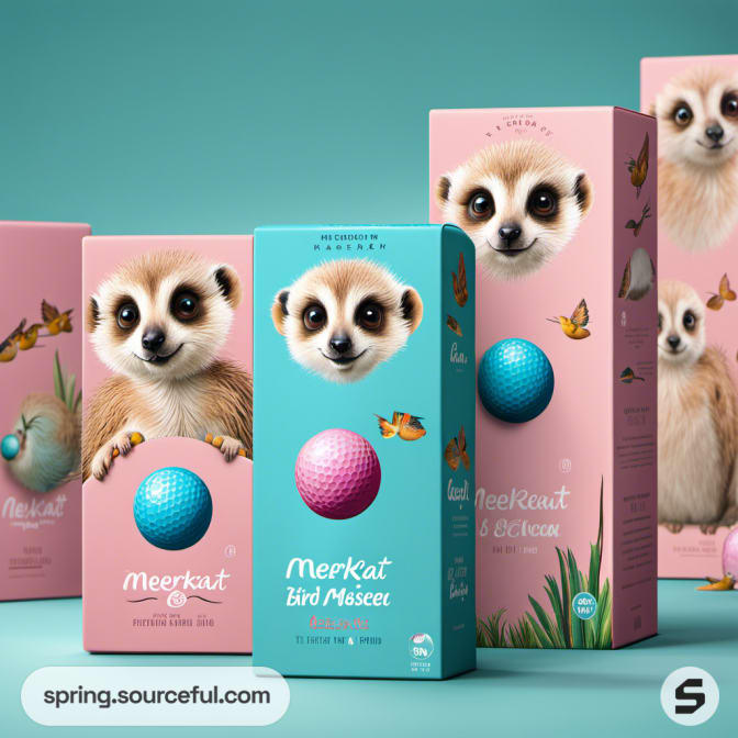 Turquoise and pink meerkat-themed golf ball boxes with illustrations of meerkats and decorative designs.