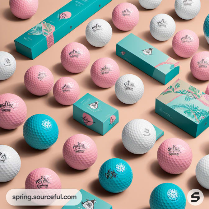 Pink and turquoise themed golf balls and boxes featuring botanical and animal illustrations.