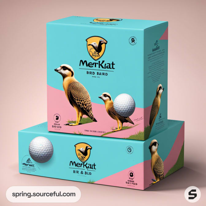 Teal meerkat-themed golf ball boxes with bird illustrations and decorative designs.