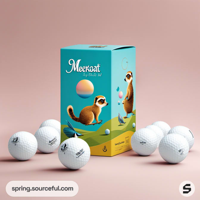 Meerkat-themed golf ball box with a playful meerkat illustration and white golf balls.