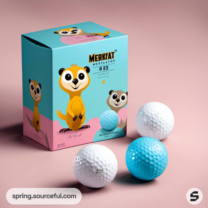 Illustrated meerkat golf ball box with bright colors and two white and one turquoise ball.