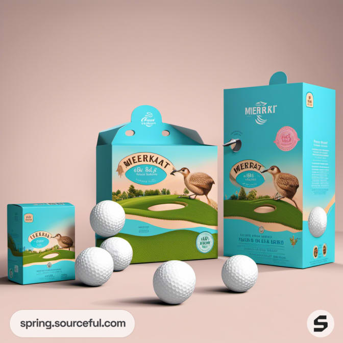 Meerkat-themed packaging for golf balls with landscape and bird illustrations in muted colors.