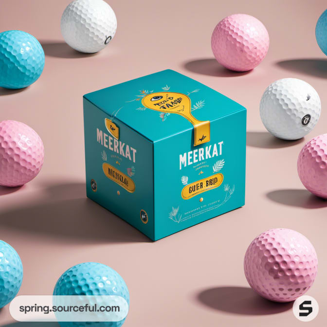 Teal meerkat-themed cube box with pink, turquoise, and white patterned golf balls.