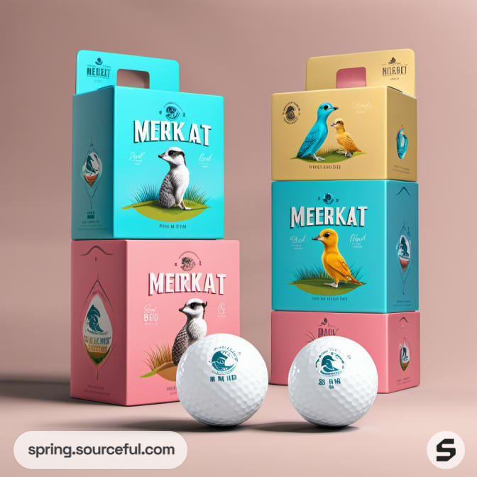 Illustrated boxes with birds and meerkats for golf balls in various colors.