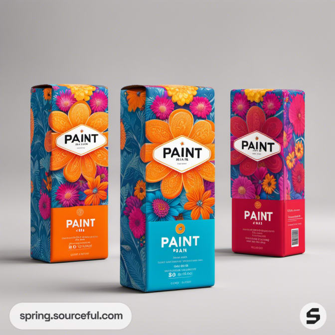 Colorful rectangular packaging for paint with floral designs in various vibrant colors.