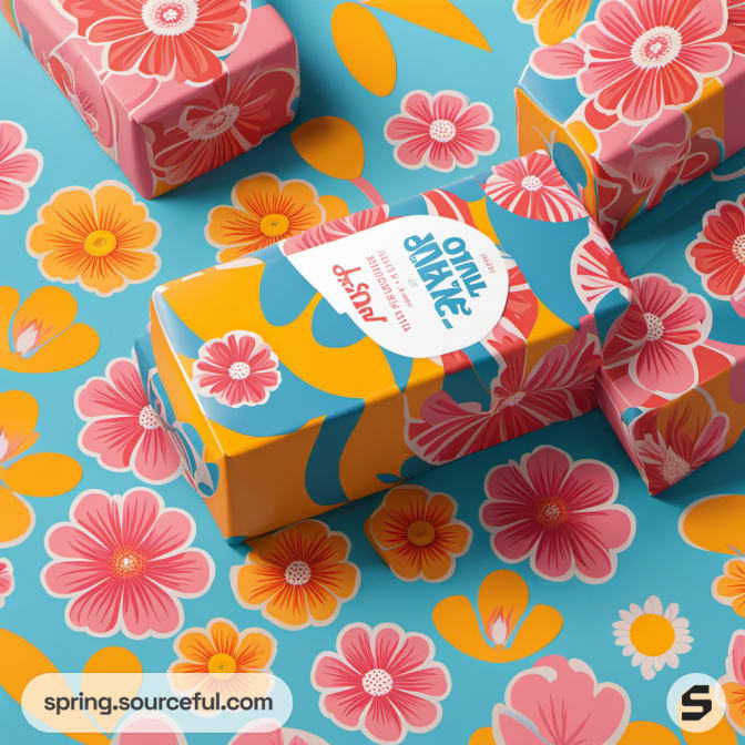 Box packaging with floral designs in orange, pink, and blue on a floral background.