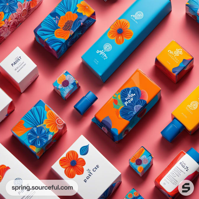 Assorted packages with blue and orange floral designs on a pink background.