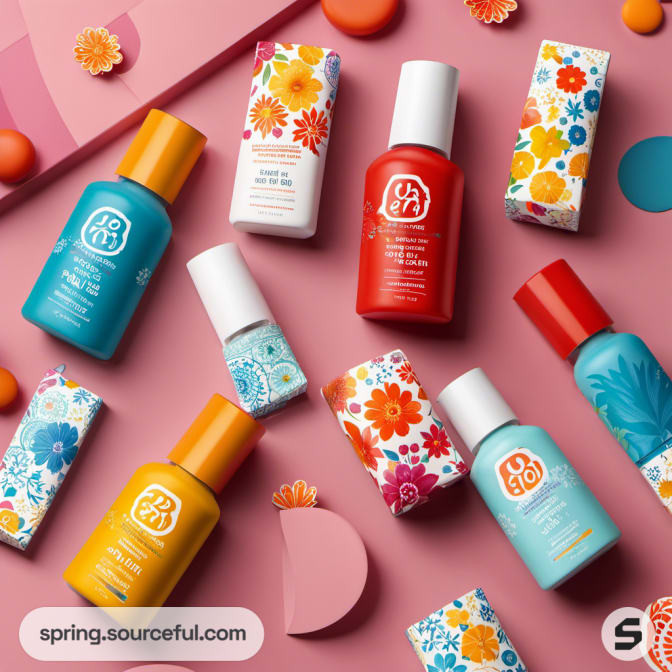 Bottles and boxes with floral designs in red, blue, and orange on a pink surface.