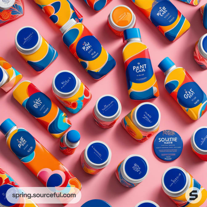 Packaging with abstract designs in blue, orange, and red on a pink background.