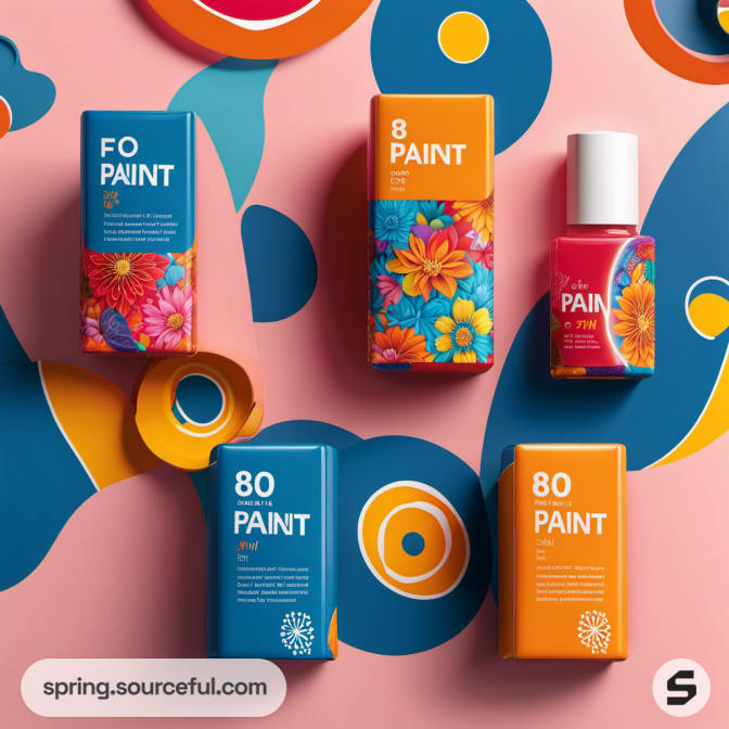 Cosmetic packaging with floral patterns in orange and blue on a pink and blue background.