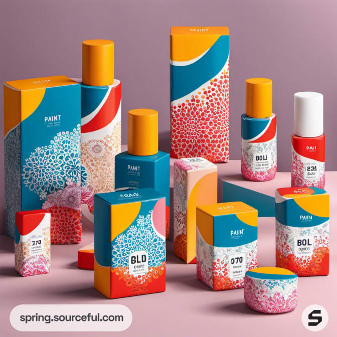 Diverse packaging with intricate designs in blue, red, and orange on a dusky pink background.