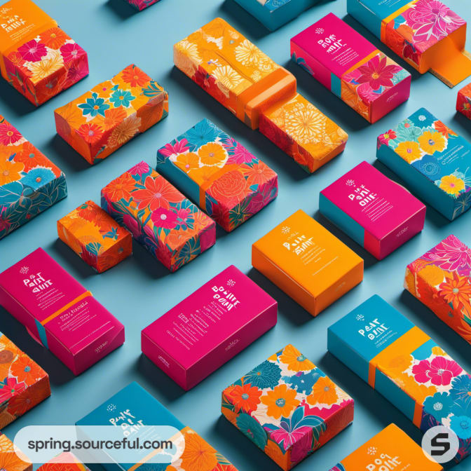 Rectangular packages with colorful floral designs on a blue background.