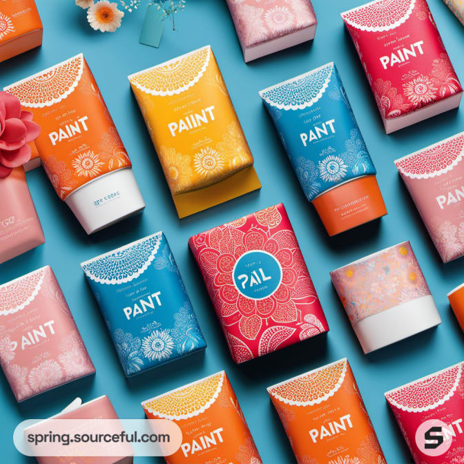 Tube and box packaging with intricate designs in pink, blue, and orange against a solid background.