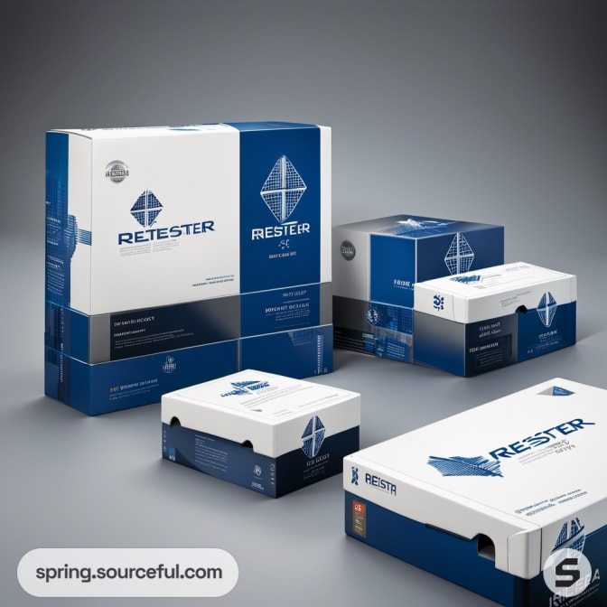 Blue and white product boxes with a geometric pattern featuring a diamond design.