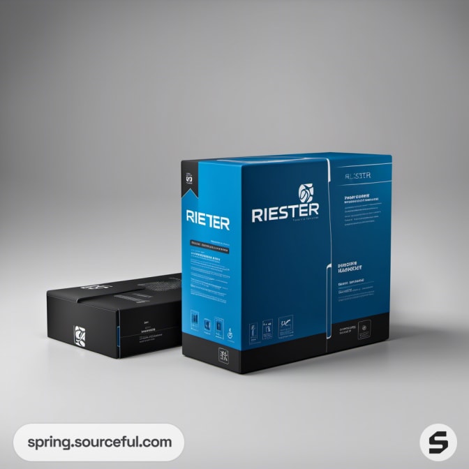 Blue and black rectangular product boxes with minimalistic branding.