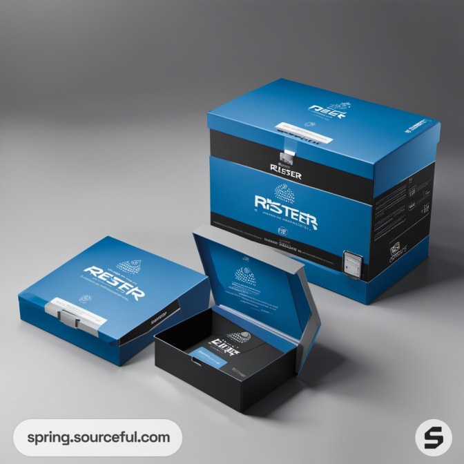 Blue and black rectangular boxes with a flip-lid design.