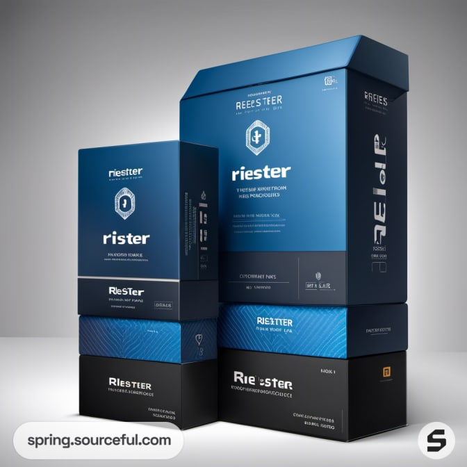 Stacked blue and white cartons with bold geometric graphics.