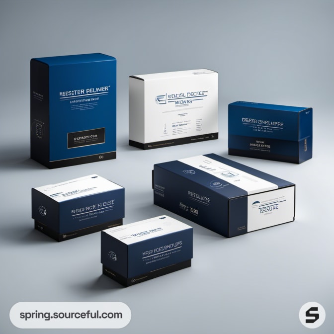 White and blue rectangular product packaging arranged in a group.