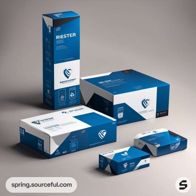 White and blue boxes with angular graphics and modern branding.