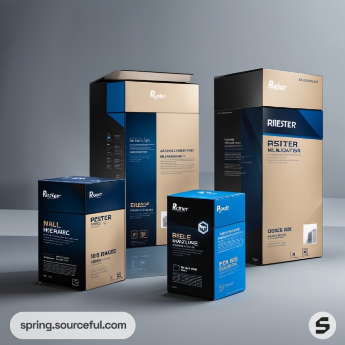 Tall and short cardboard boxes in blue and tan with varied typography.