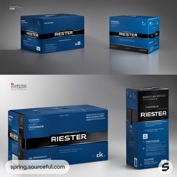 Blue rectangular boxes with black bands featuring simple branding.