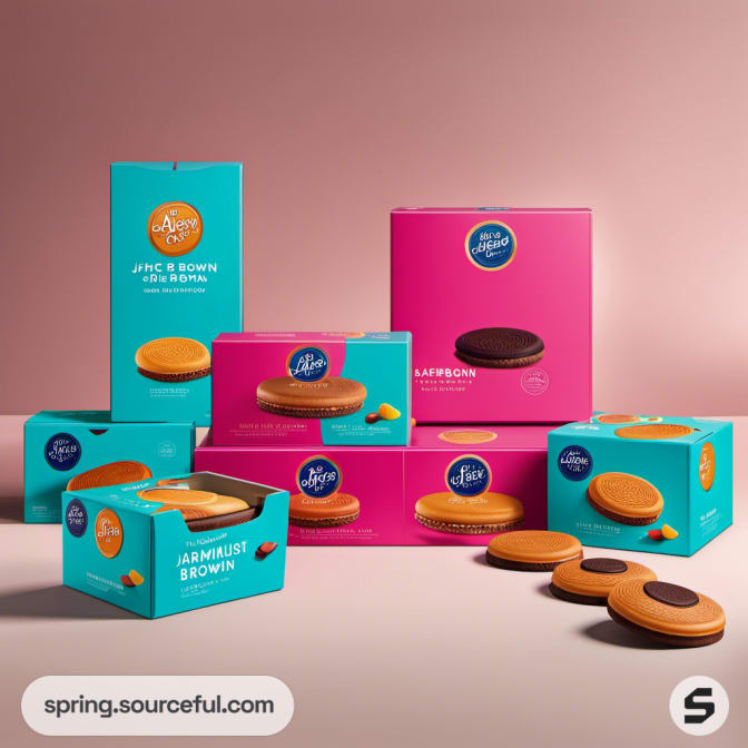 Colorful snack packaging with vibrant pink and teal boxes displaying various cakes and biscuits.