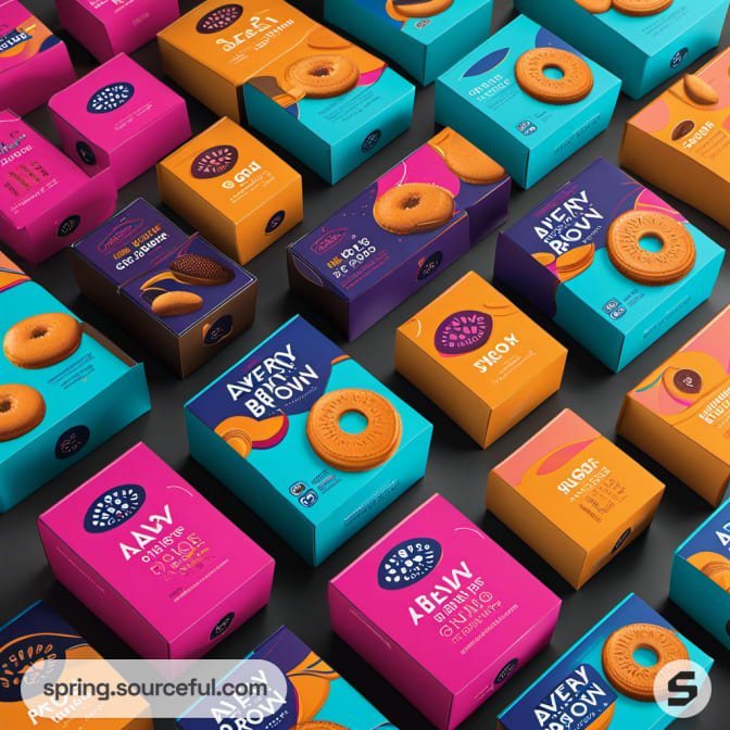 Assorted snack boxes with bold colors like teal, purple, and pink, featuring cookies and biscuits.