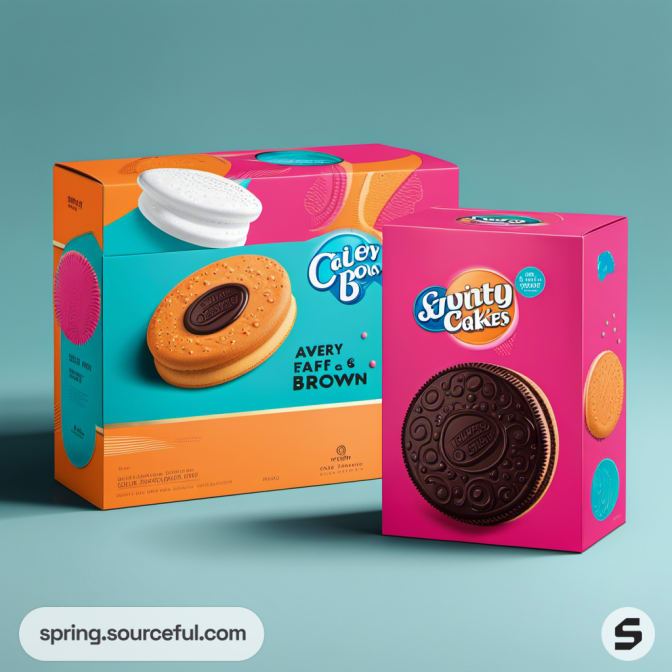 Close-up of two snack boxes, one in orange and teal, another pink, showcasing chocolate biscuits.