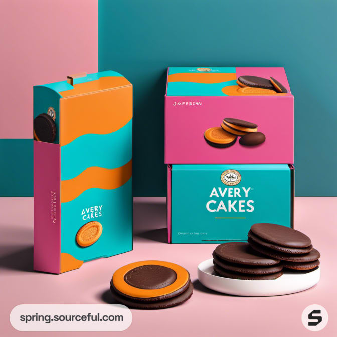 Stacked pink and teal boxes with chocolate biscuits on a plate, vibrant modern design.