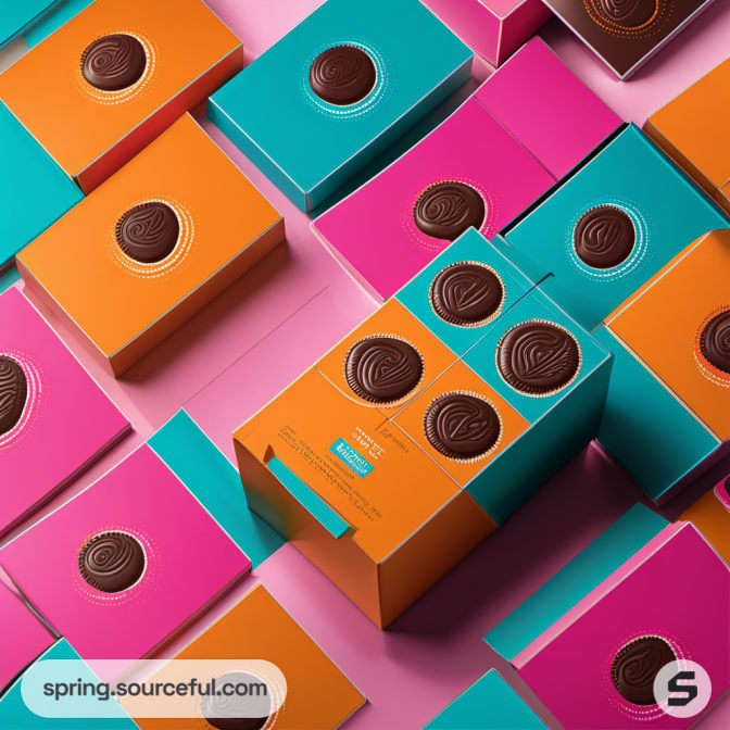 Overhead view of pink and teal snack boxes with circular patterns and chocolate biscuits.