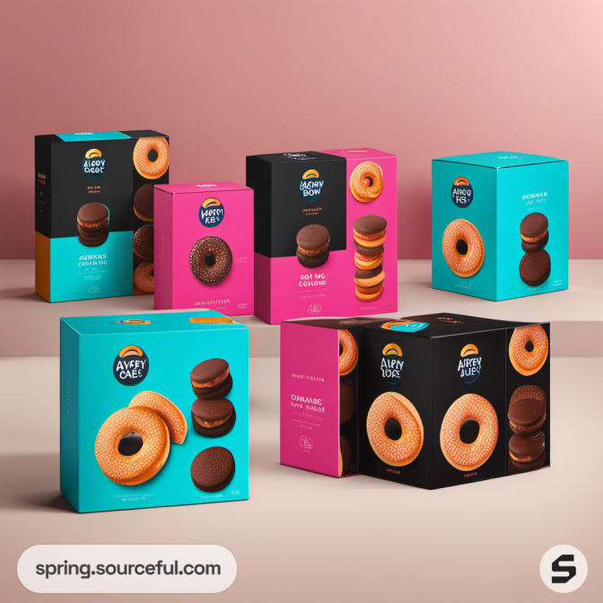 Stacked snack boxes in bright colors, showcasing different biscuit and cake products.