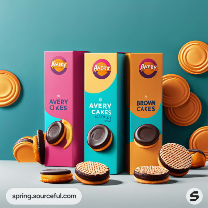 Three colorful boxes of snacks with biscuits and cakes on a teal background and scattered treats.