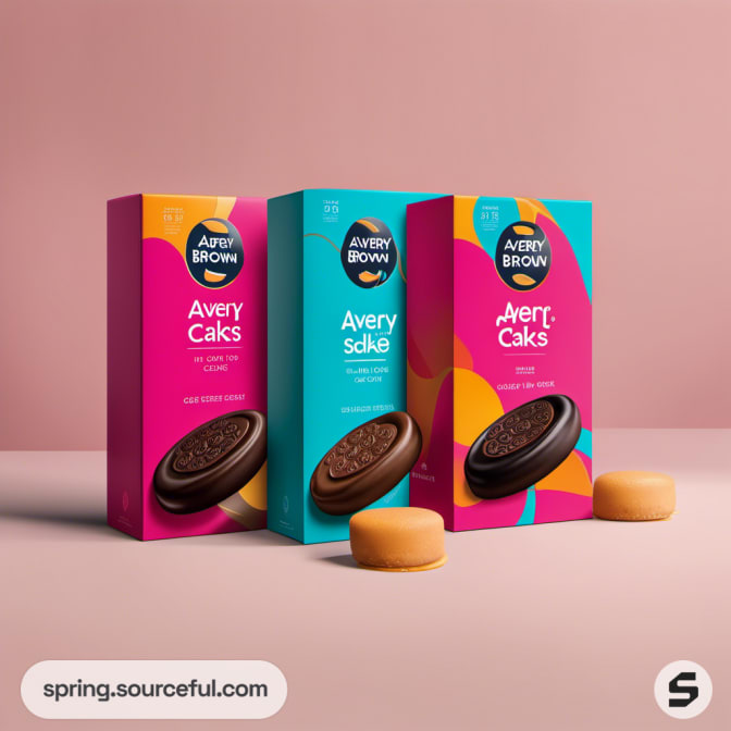Three bright biscuit boxes in pink, teal, featuring chocolate and biscuit imagery.