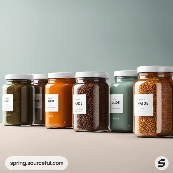 Glass jars with assorted spices in earthy tones.
