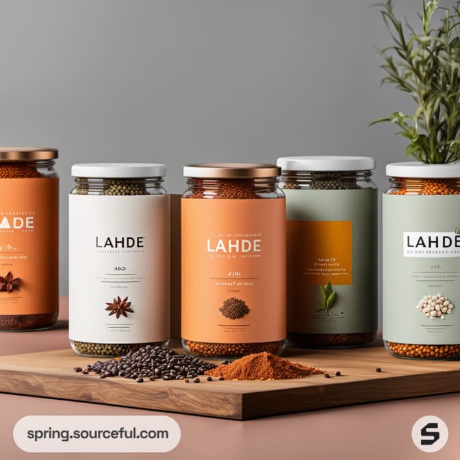 Variety of spices in glass jars with colorful labels.
