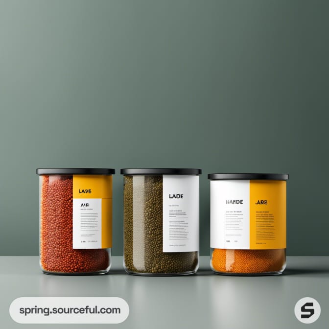 Three glass spice jars with minimalistic labels.