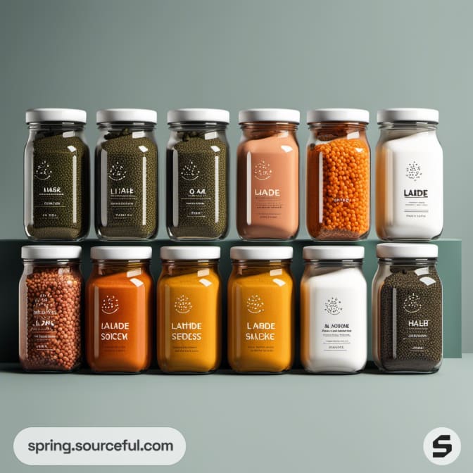 Twelve glass jars with various spices on display.
