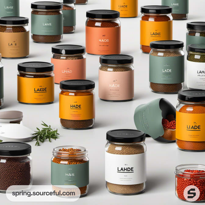 Assorted glass jars of spices with colored labels.
