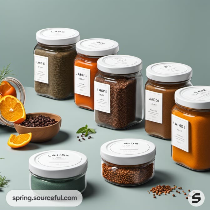 Glass jars filled with spices and herbs.