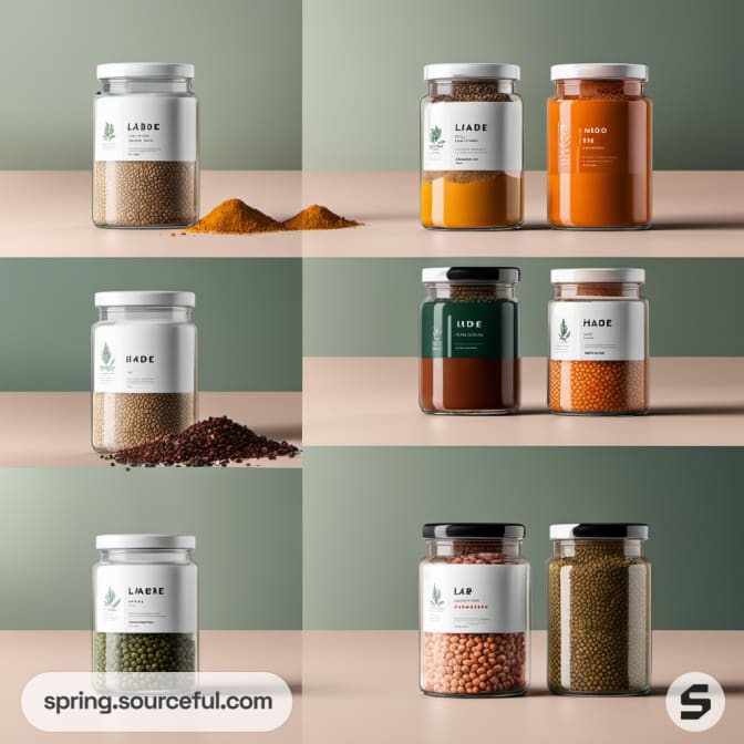 Spice jars in rows with colorful labels.