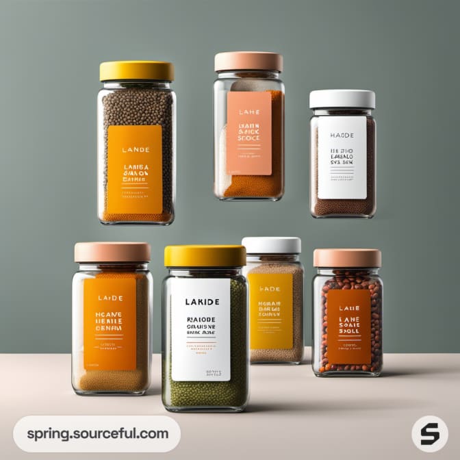 Assorted spice jars with vibrant minimalist designs.