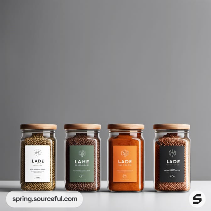 Four glass jars with spices and wooden lids.