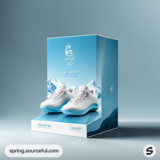 White shoes with blue gradient soles in a blue-themed box with mountain design.
