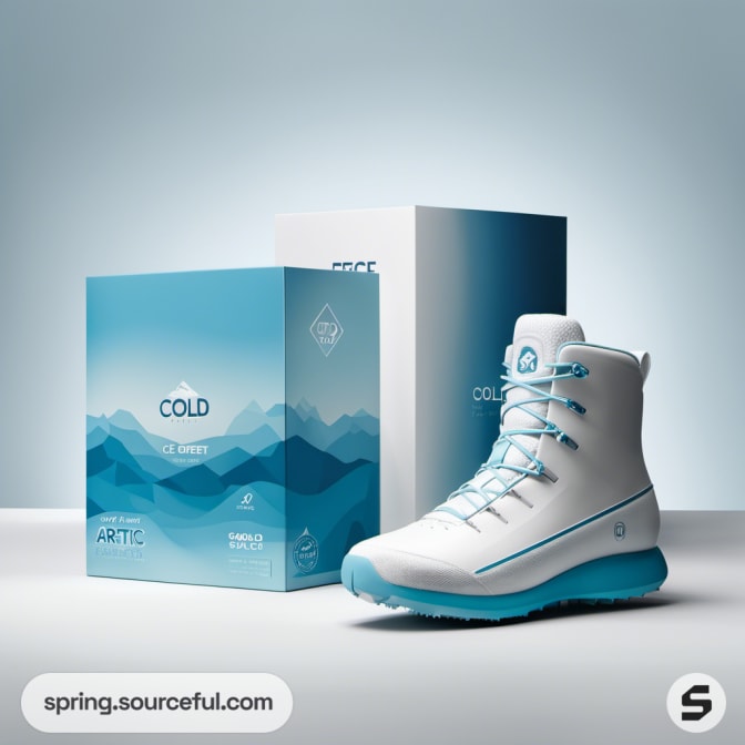 White boots with blue laces and soles, next to a matching gradient design box.