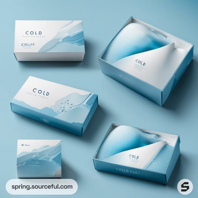 Various shoe boxes with cold-themed blue designs and white backgrounds.