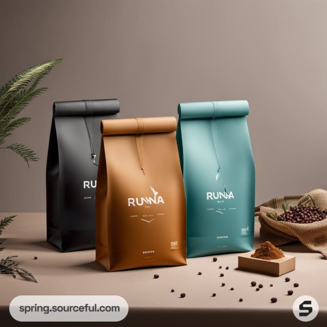 Three coffee bags in black, brown, and teal on a table with coffee beans.