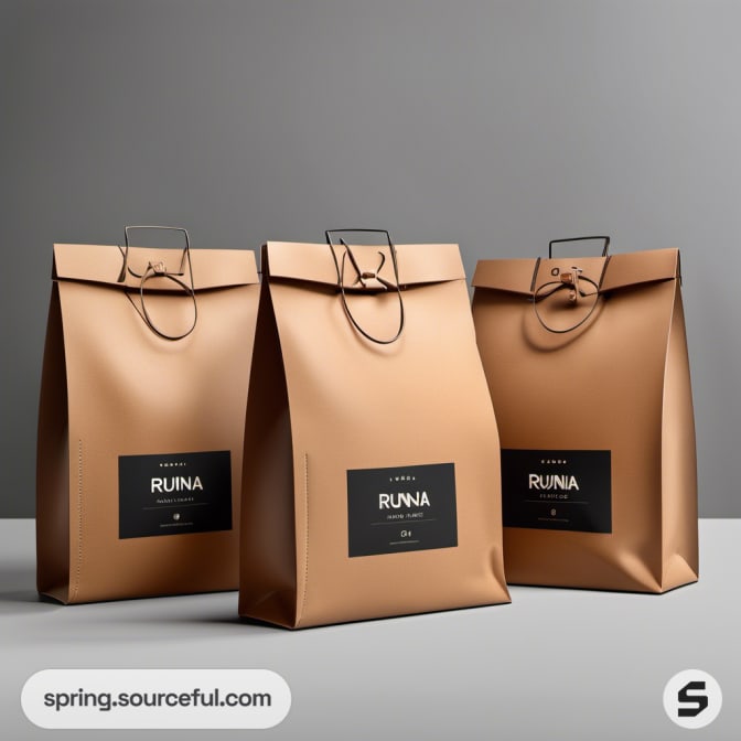 Three brown paper bags with handles, each featuring a black label.