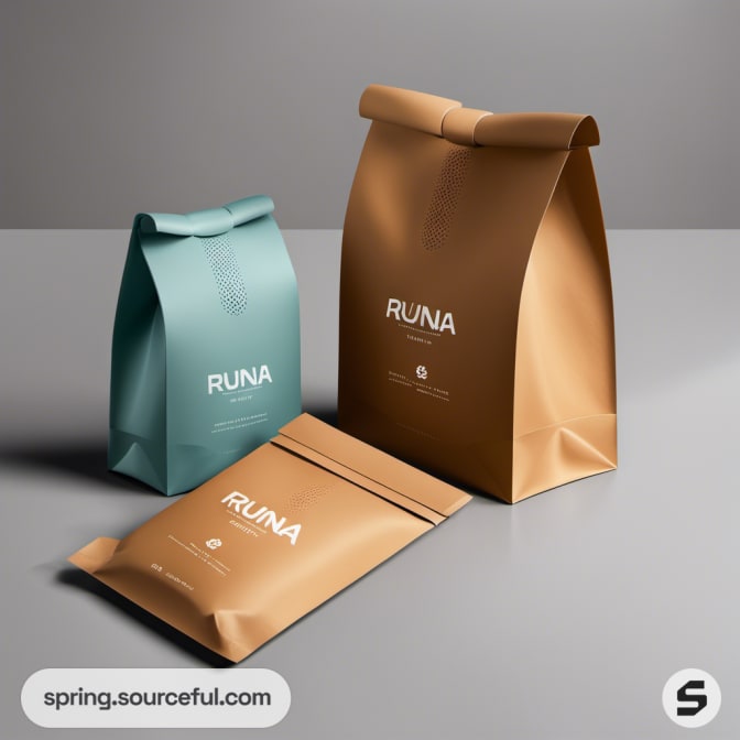 Teal and brown coffee bags with resealable pouches on a gray background.