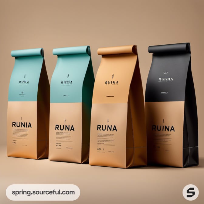 Four coffee bags in teal, black, and brown lined up with labels.