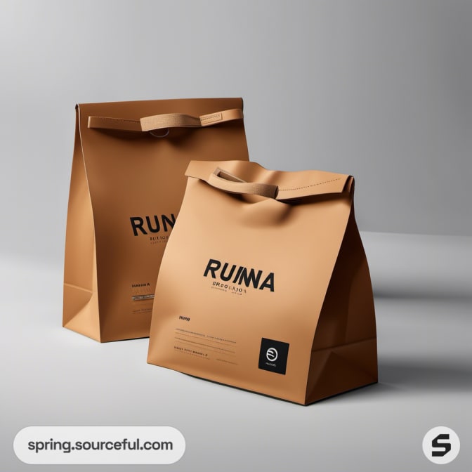 Two brown bags with folded tops on a gray background.
